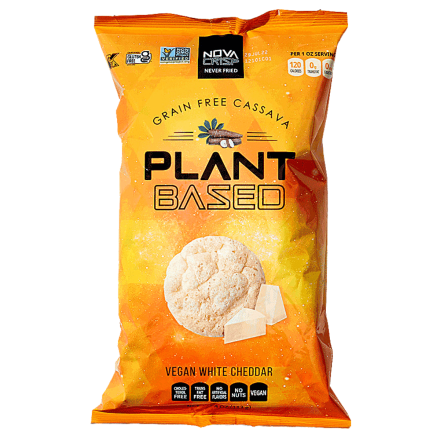 Front of Nova Crisp Grain-Free Cassava Chips Vegan White Cheddar, 113.4g