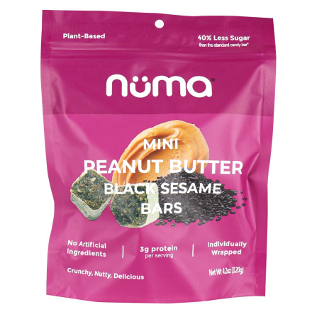Front of Numa Plant-Based Mini Peanut Butter Black Sesame Bars, 120g