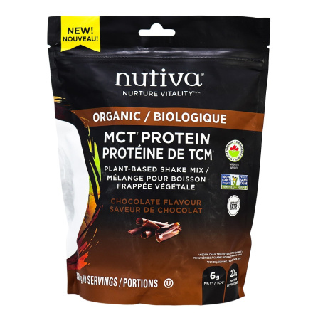 Front of Nutiva Organic MCT Protein Plant-Based Shake Mix Chocolate, 390g