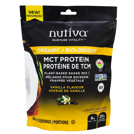Front of Nutiva Organic MCT Protein Plant-Based Shake Mix Vanilla, 390g
