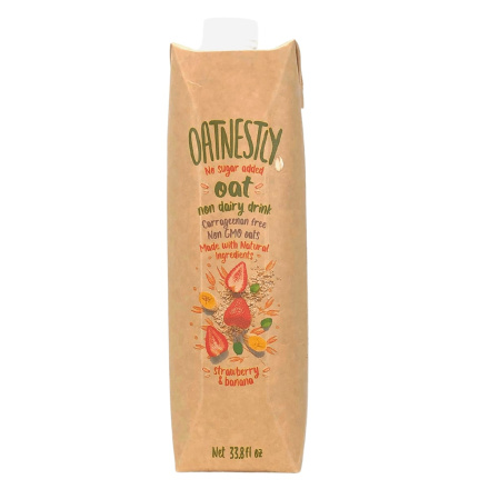 Front of Oatnestly No Sugar Added Oat Milk Strawberry Banana