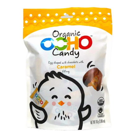 Front of Ocho Organic Candy Egg Shaped Milk Chocolate with Caramel Filling