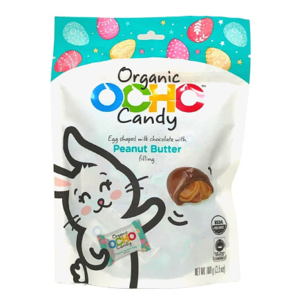 Front of Ocho Organic Candy Egg Shaped Milk Chocolate with Peanut Butter Filling