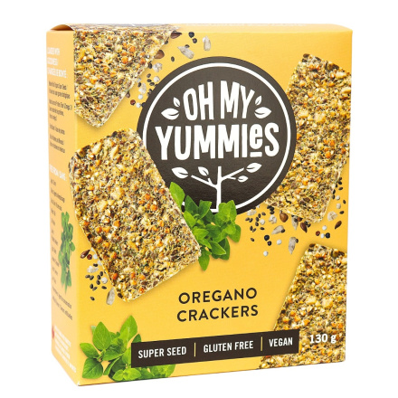 Front of Oh My Yummies Organic Gluten-Free Crackers Oregano, 130g 