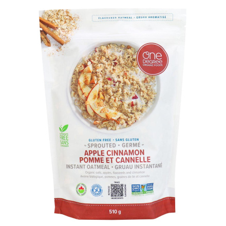 Front of One Degree Organic Foods Gluten-Free Sprouted Apple Cinnamon Instant Oatmeal, 510g