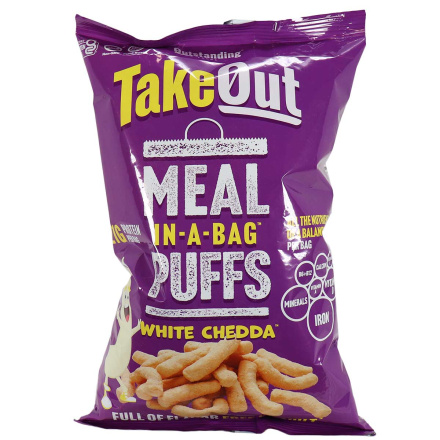 Front of Outstanding Foods Takeout Meal In-A-Bag Puffs White Chedda, 85g