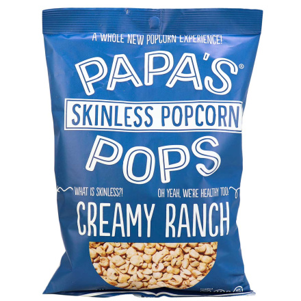 Front of Papa’s Pops Skinless Popcorn Creamy Ranch, 141.7g