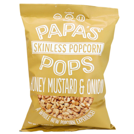 Front of Papa’s Pops Skinless Popcorn Honey Mustard & Onion, 141.7g
