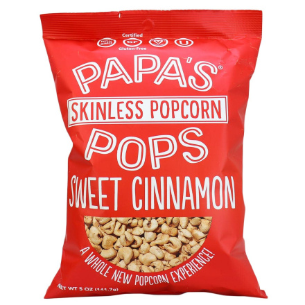 Front of Papa’s Pops Skinless Popcorn Sweet Cinnamon, 141.7g