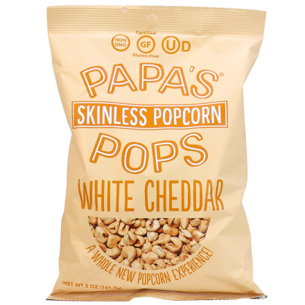Front of Papa’s Pops Skinless Popcorn White Cheddar, 141.7g