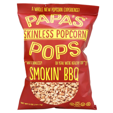 Front of Papa’s Pops Skinless Popcorn  Smokin’ BBQ, 141.7g