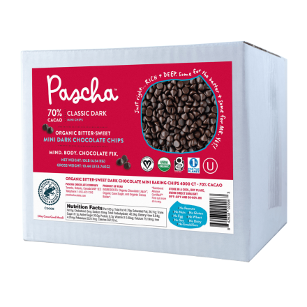 Front of Pascha Bulk 70% Organic Classic Dark Chocolate Mini Chips Unsweetened, 10 LBS