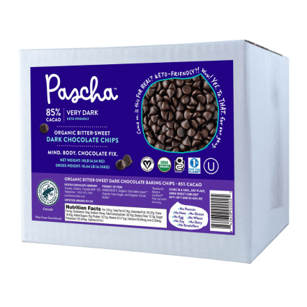Front of Pascha Bulk 85% Cacao Organic Keto-Friendly Very Dark Chocolate Chips, 10 LBS