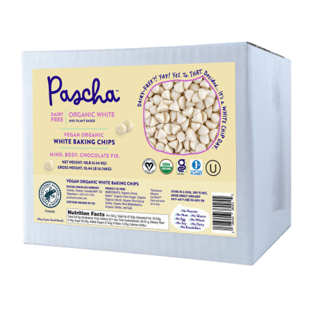 Front of Pascha Bulk Organic Vegan White Chocolate Chips, 10 LBS