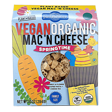Front of Pastabilities Springtime Vegan Organic Mac N’ Cheese Family Size, 284g