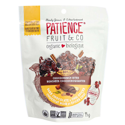 Front of Patience Fruit & Co Organic Chococrunch Bites Dark Chocolate & Chai Spices, 95g
