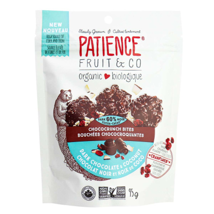 Front of Patience Fruit & Co Organic Chococrunch Bites Dark Chocolate & Coconut, 95g