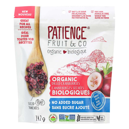 Front of Patience Organic Dried Cranberries with No Added Sugar, 142g