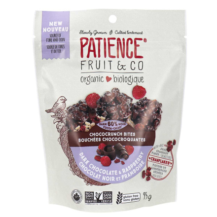 Front of Patience Fruit & Co. Organic Chococrunch Bites Dark Chocolate Raspberry, 95g