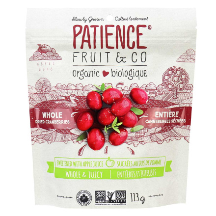 Front of Patience Organic Whole Dried Sweetened Cranberries, 113g