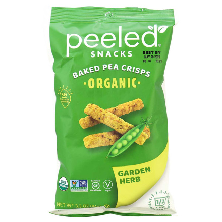Front of Peeled Snacks Baked Pea Crisps Garden Herb, 94g