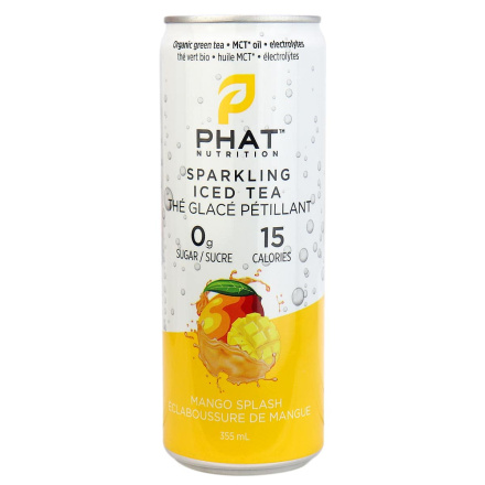 Front of Phat Nutrition Sparkling Iced Tea Mango Splash, 355mL
