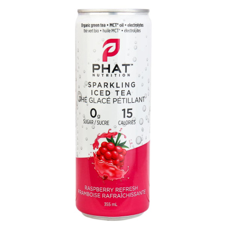Front of Phat Nutrition Sparkling Iced Tea Raspberry Refresh, 355mL