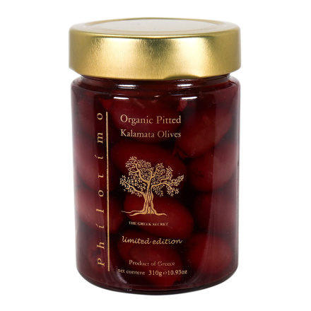 Front of The Greek Secret Philotimo Organic Pitted Kalamata Olives, 310g