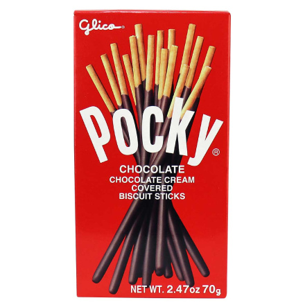 Front of Glico Pocky Chocolate Chocolate Cream Covered Biscuit Sticks, 70g
