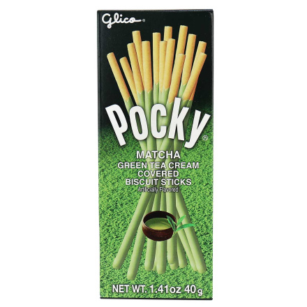 Front of Glico Pocky Matcha Green Tea Cream Covered Biscuit Sticks, 40g