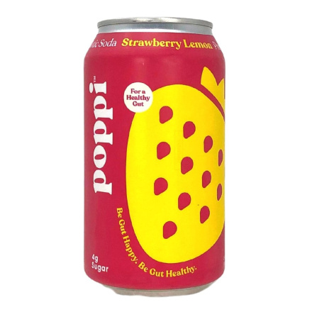 Front of Poppi Prebiotic Soda Strawberry Lemon