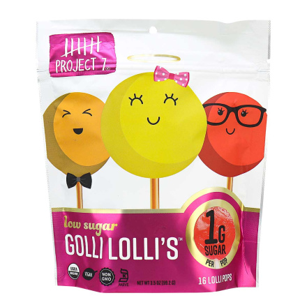 Front of Project 7 Low Sugar Golli Lolli’s, 16 Lollipops