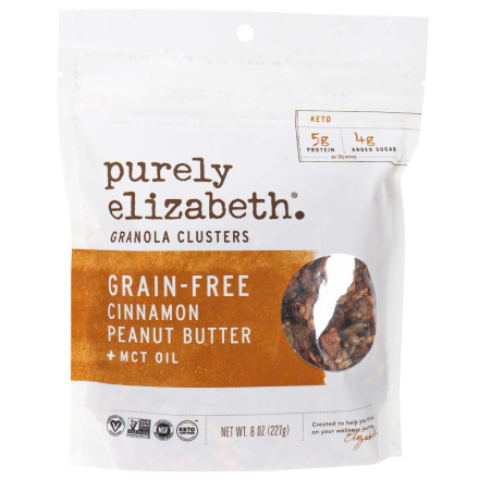 Front of Purely Elizabeth Grain-Free Cinnamon Peanut Butter + MCT Oil Granola Clusters. 227g