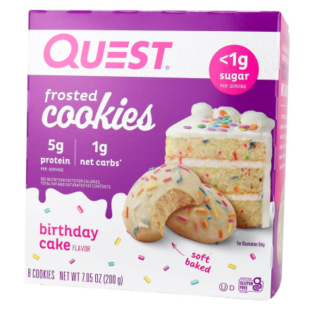 Front of Quest Keto Soft Baked Frosted Cookies Birthday Cake Flavour, 8 Cookies