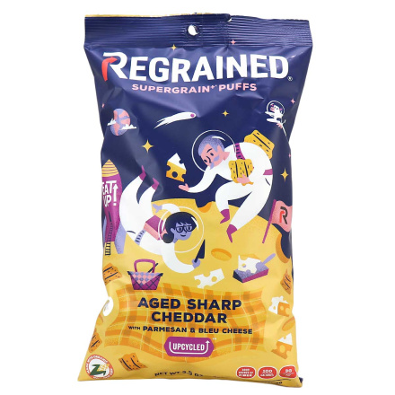 Front of ReGrained SuperGrain+ Puffs Aged Sharp Cheddar, 99g