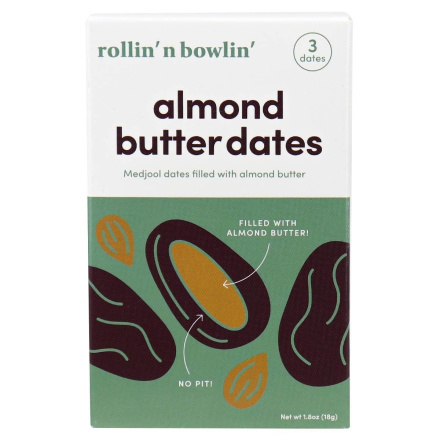 Front of Rollin’ n Bowlin’ Almond Butter Dates, 3 Dates