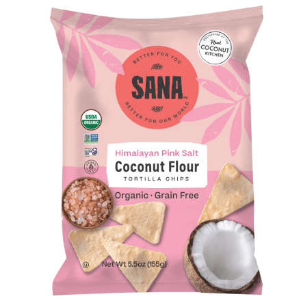 Front of Sana Foods Coconut Flour Tortilla Chips Himalayan Pink Salt, 155g