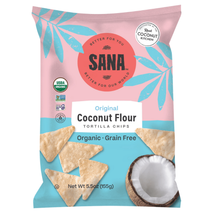 Front of Real Coconut Original Coconut Flour Tortilla Chips, 155g