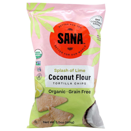 Front of Sana Coconut Flour Tortilla Chips Splash of Lime, 155g