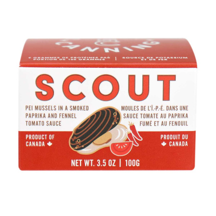 Front of Scout Canning PEI Mussels in a Smoked Paprika and Fennel Tomato Sauce, 90g
