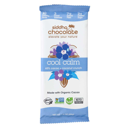 Front of Siddha Remedies Chocolate Cool Calm 65% Cacao + Coconut Crunch, 45g