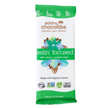 Front of Siddha Remedies Chocolate Feelin’ Focused 64% Cacao + Protein Crisps, 45g