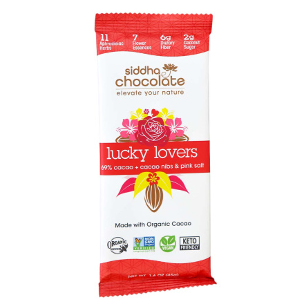 Front of Siddha Remedies Chocolate Lucky Lovers 69% Cacao + Cacao Nibs & Pink Salt, 45g
