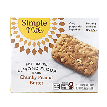 Front of Simple Mills Grain-Free Soft Baked Almond Flour Bars Chunky Peanut Butter, 5 Bars