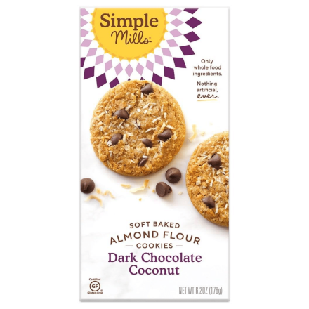 Front of Simple Mills Grain-Free Soft Baked Cookies Dark Chocolate Toasted Coconut, 176g