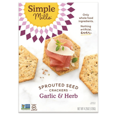 Front of Simple Mills Grain-Free Sprouted Seed Crackers Garlic & Herb, 120g