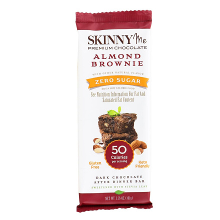 Front of SkinnyMe Zero Sugar Almond Brownie Dark Chocolate After Dinner Bar, 85g