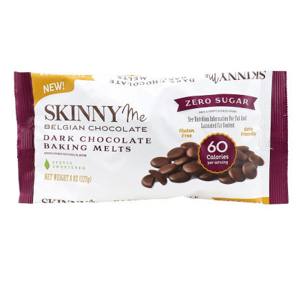 Front of SkinnyMe Zero Sugar Dark Chocolate Baking Melts, 227g