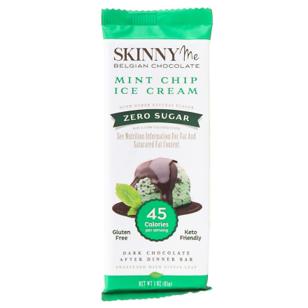 Front of SkinnyMe Zero Sugar Mint Chip Milk Chocolate After Dinner Bar, 85g
