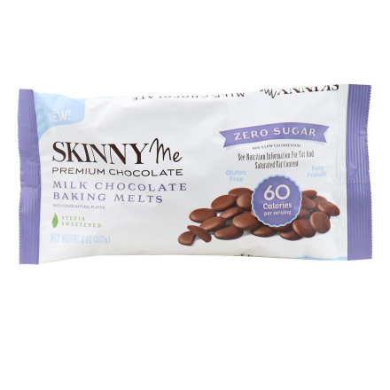 Front of SkinnyMe Zero Sugar Milk Chocolate Baking Melts, 227g